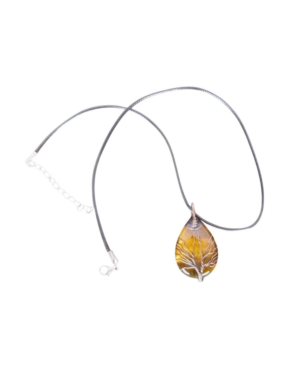 Tiger’s Eye Tree of Life Pendant Necklace Wire Wrapped Crystal Teardrop